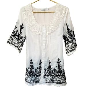 Embroidered Medium Solitaire Blouse by Ravi Khosla Blk/Wht  Anthropologie